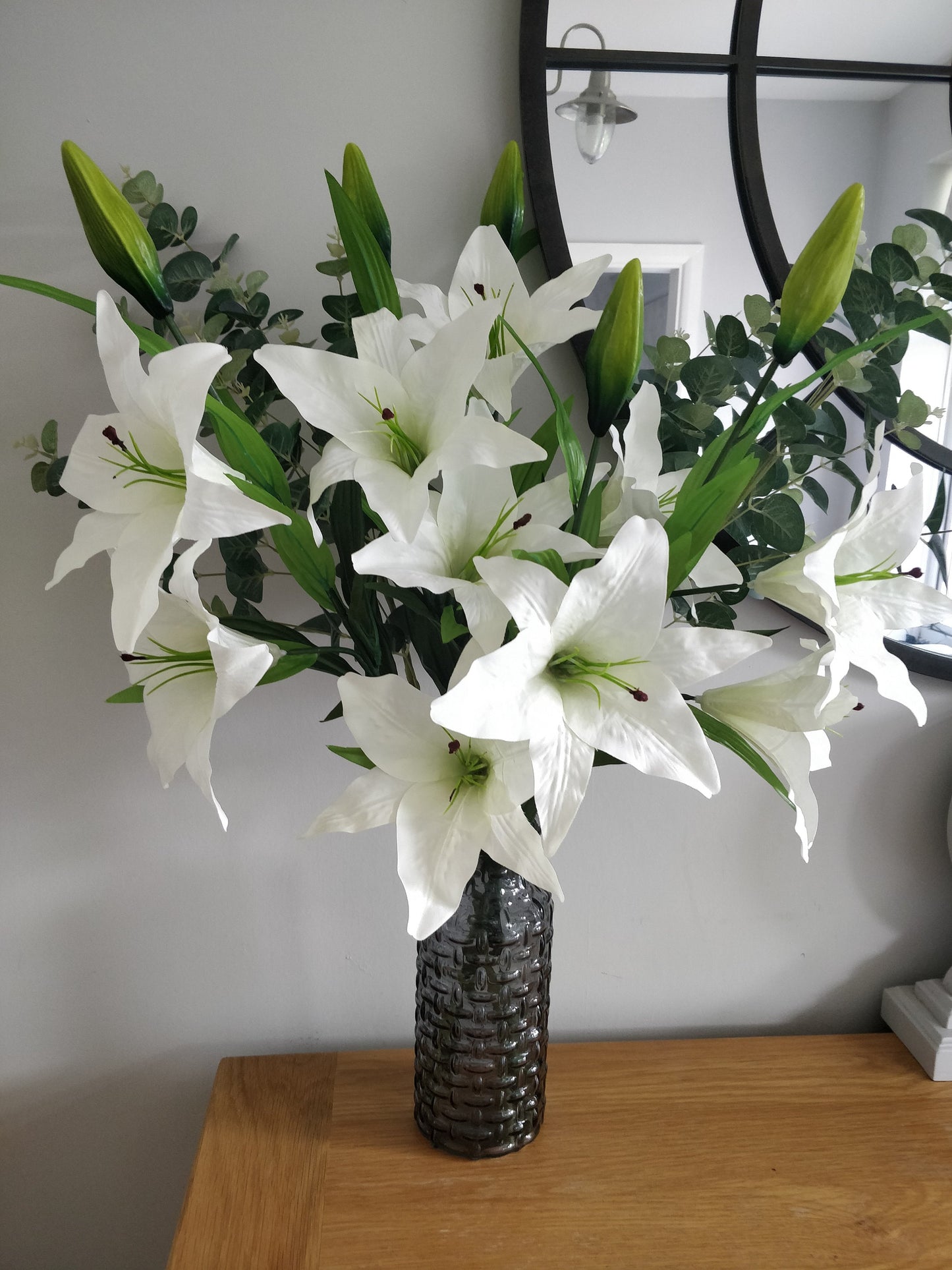 Lily and Eucalyptus Flower Arrangement With Glass Vase 70cm Height