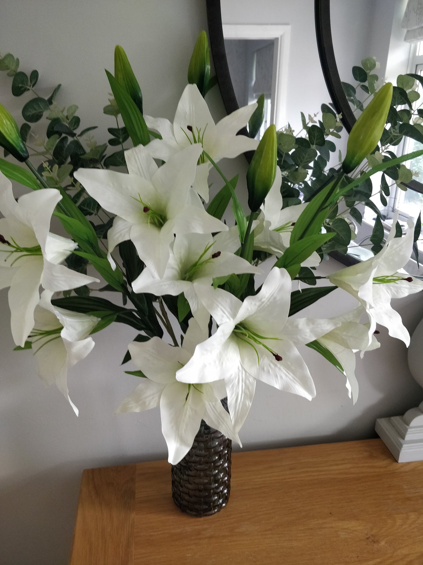 Lily and Eucalyptus Flower Arrangement With Glass Vase 70cm Height