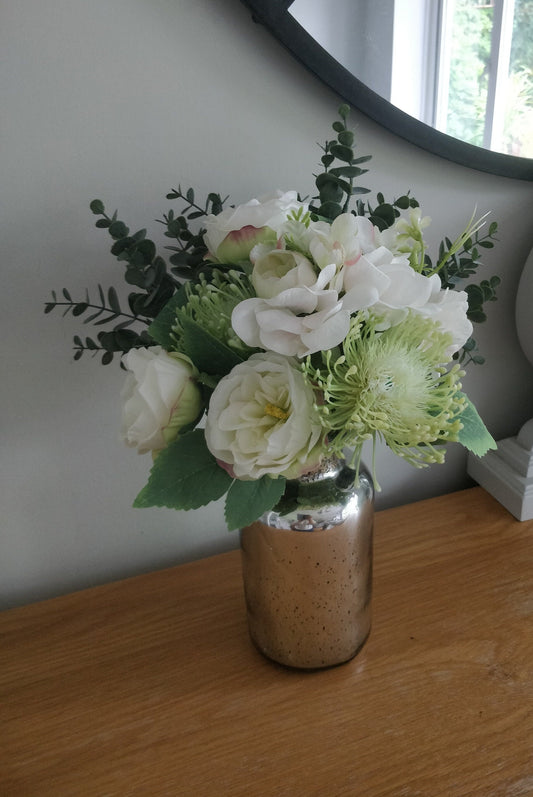 Faux Flower Arrangement Complete with Silver Glass Vase - Rose - Hydrangea - Eucalyptus - Luxury Design - FREE POSTAGE