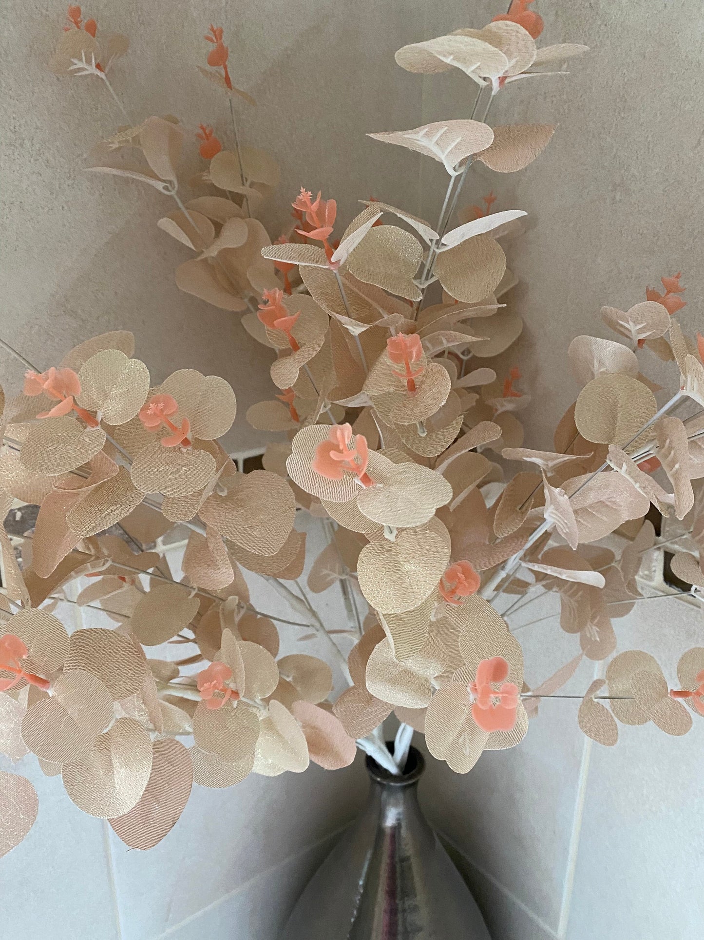Artificial faux silk eucalyptus in a soft apricot gold shimmer leaves x 3