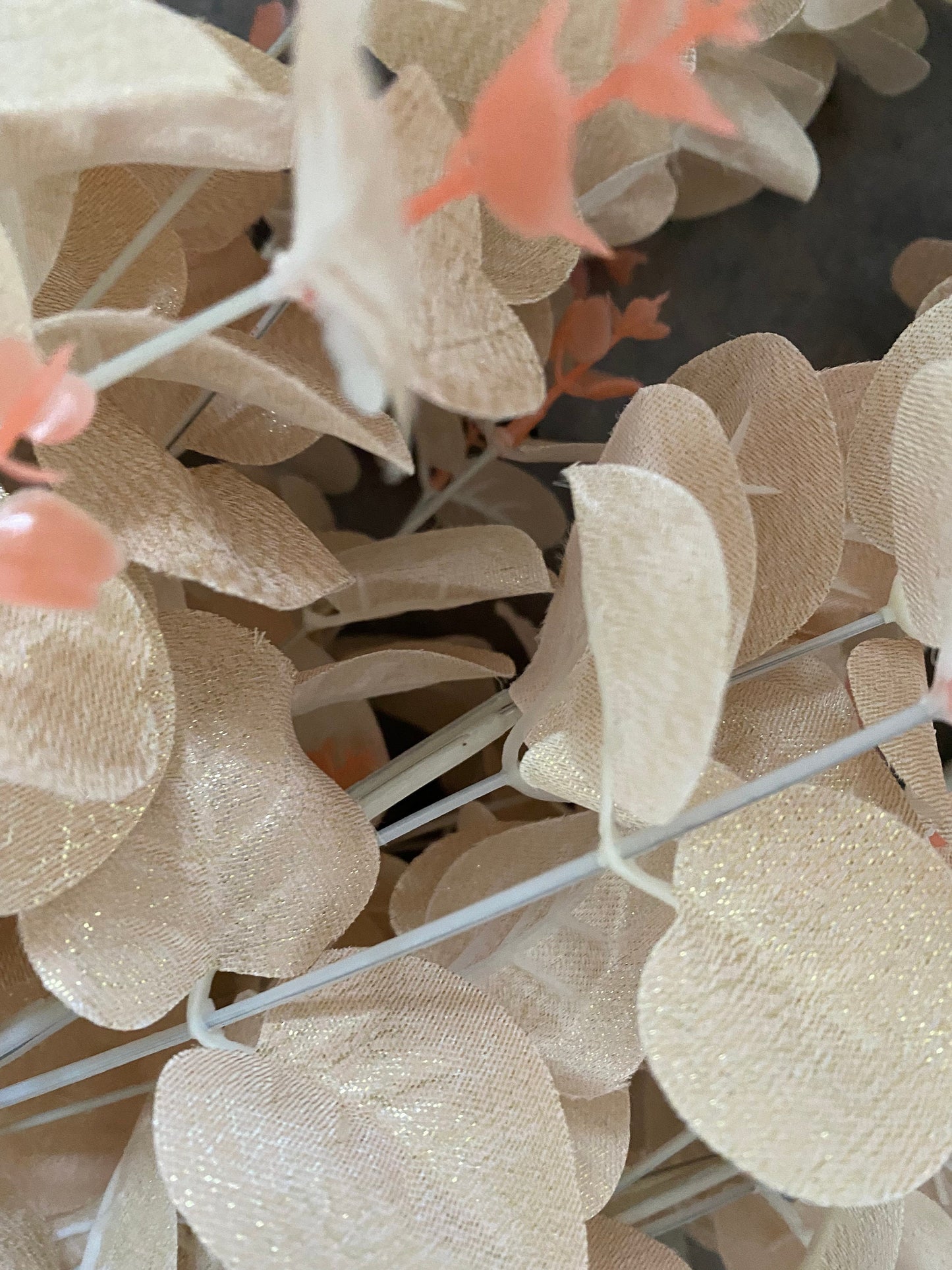 Artificial faux silk eucalyptus in a soft apricot gold shimmer leaves x 3