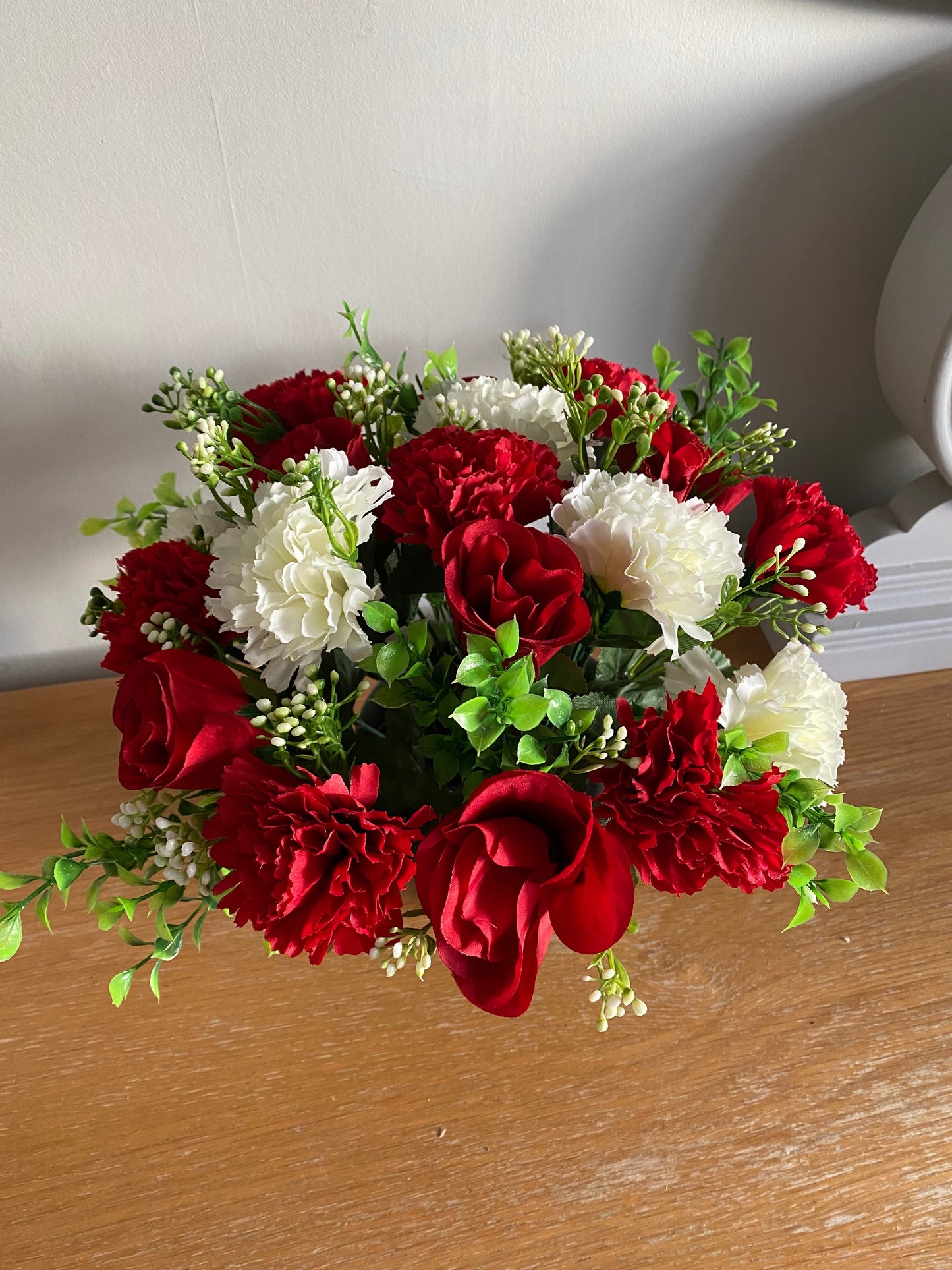 Artificial Graveside red flower arrangement handmade to order free UK postage Roses, Carnations, Gypsophila