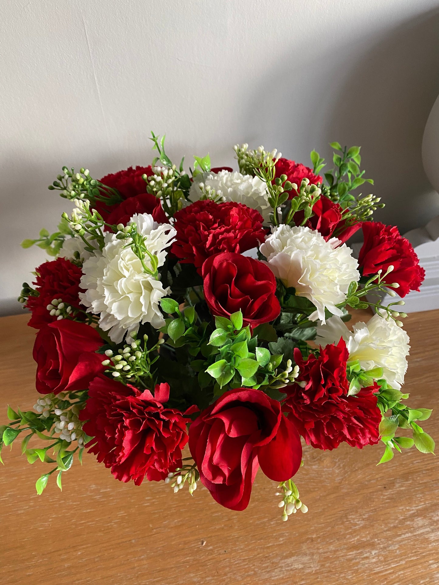 Artificial Graveside red flower arrangement handmade to order free UK postage Roses, Carnations, Gypsophila