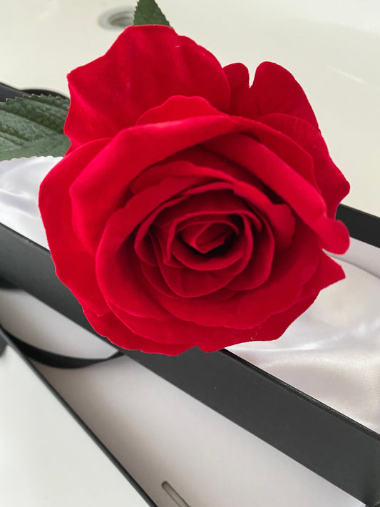Premium Faux Silk Single Red Rose in a Luxury Satin Lined Box Valentines Gift Anniversary Birthday Gift
