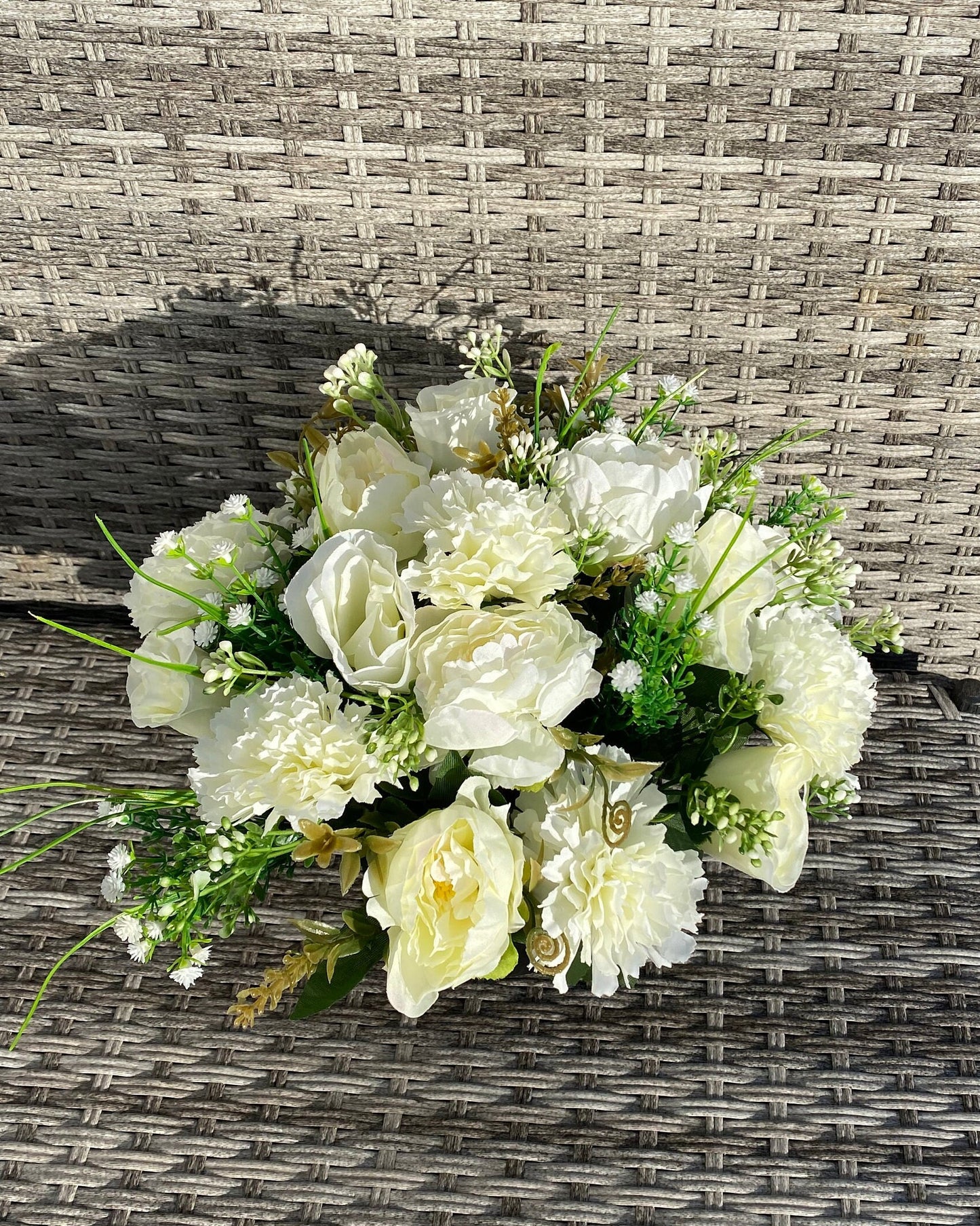 Artificial Faux Silk Flower Graveside Arrangement  Cream Peony and Roses