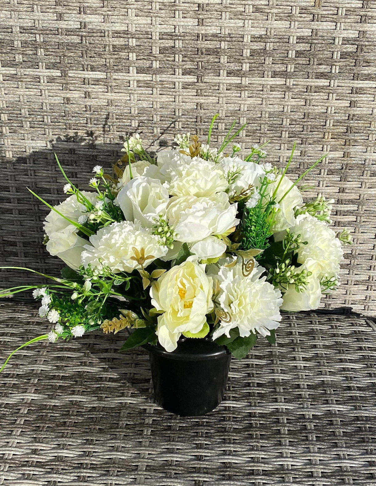 Artificial Faux Silk Flower Graveside Arrangement  Cream Peony and Roses