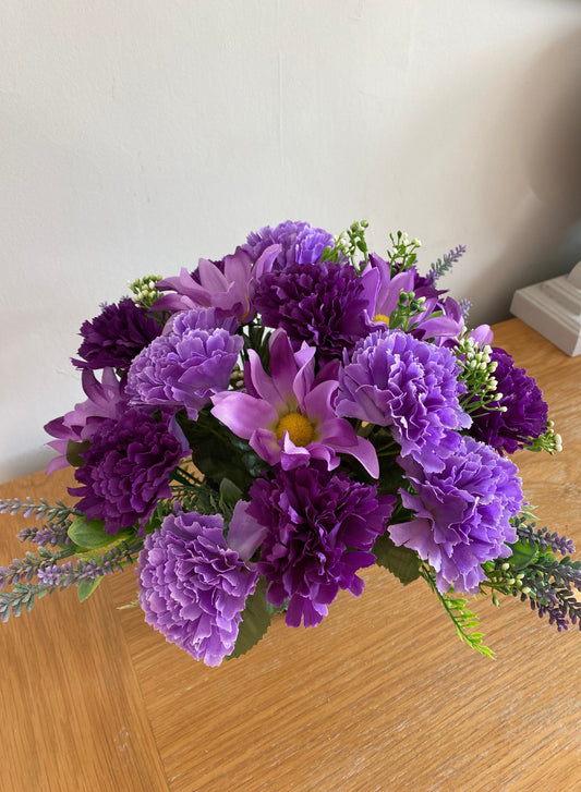 Artificial Silk Flower Graveside Arrangement in shades of Purple and Lilacs Carnations Lavender Daisy Mix Handmade FREE POSTAGE