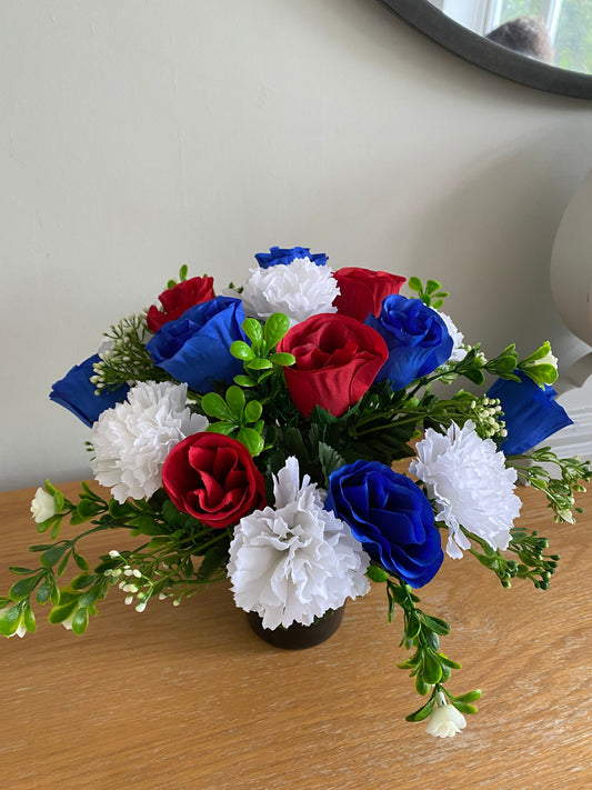 Artificial graveside Flower Arrangement Red, White and Blue Carnations