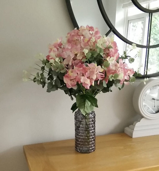 Vase full of Hydrangeas and Eucalyptus Faux Silk Flower Arrangement With a  Clear Glass Vase Soft Pink Home Decor Gift Birthday Wedding