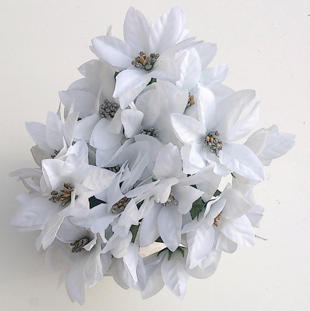 Artificial Flowers 3 White Christmas Poinsettia Bushes - 30 CM  - 21 Heads
