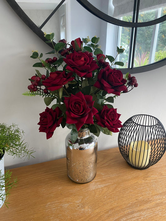 Faux Flower Berries and Red Rose Flower Arrangement with Silver Glass Vase Home Decor Gift Birthday Anniversay FREE POSTAGE