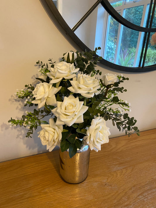 Faux Flower Rose Ivory Cream Rose Gyp Eucalyptus Complete with Silver Glass Vase Birthday Gift Anniversary Wedding Home Decor Free Postage
