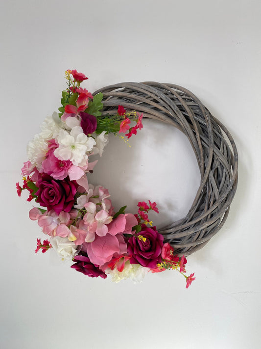 Large Silk Flower Wreath Hydrangea Lilies and Roses 40cm Grey Washed Wreath Free Postage