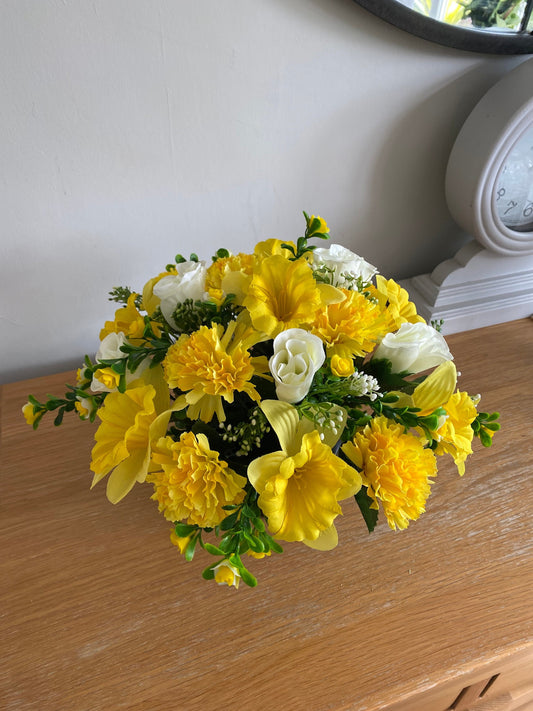 Artificial Flower Yellow Rose, Carnation and Daisy Grave Pot Arrangement FREE POSTAGE