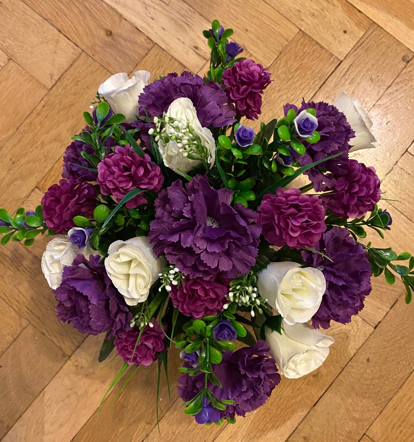 Artificial Graveside purple flower arrangement handmade to order free UK postage Roses, Carnations and Chrysants