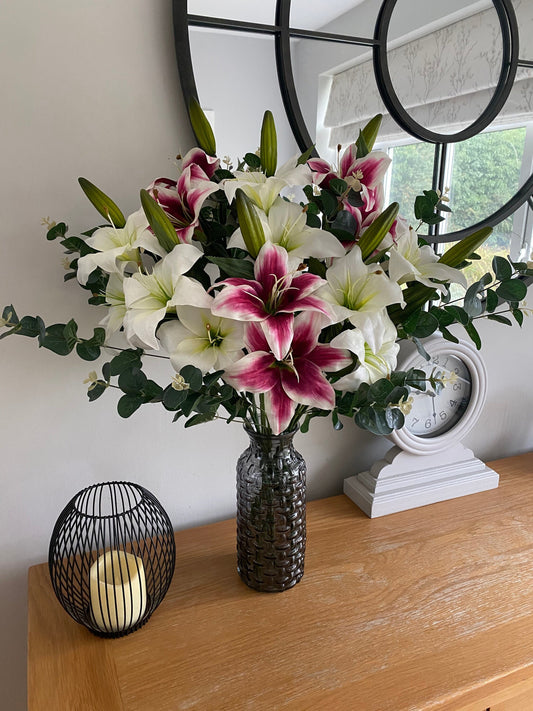 Vase full of Lilies and Eucalyptus Luxury Faux Silk Flower Arrangement Complete with Grey Glass Vase FREE POSTAGE