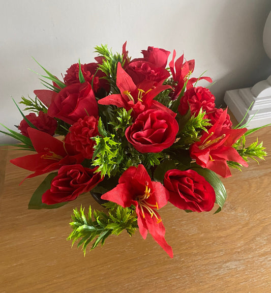 Red Artificial Graveside Memorial Flower Arrangement Handmade to Order Free Postage