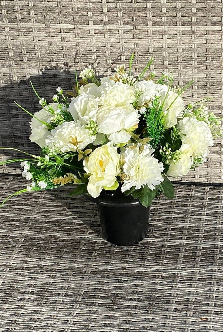 Artificial Faux Silk Flower Graveside Arrangement  Cream Peony and Roses