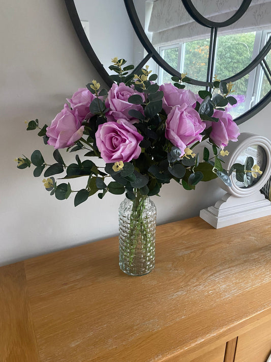 Luxury Faux Silk Lilac Lavender Mauve Rose  & Eucalyptus Flower Arrangement in a Glass Vase Anniversary Gift Wedding Soft Touch FREE POSTAGE