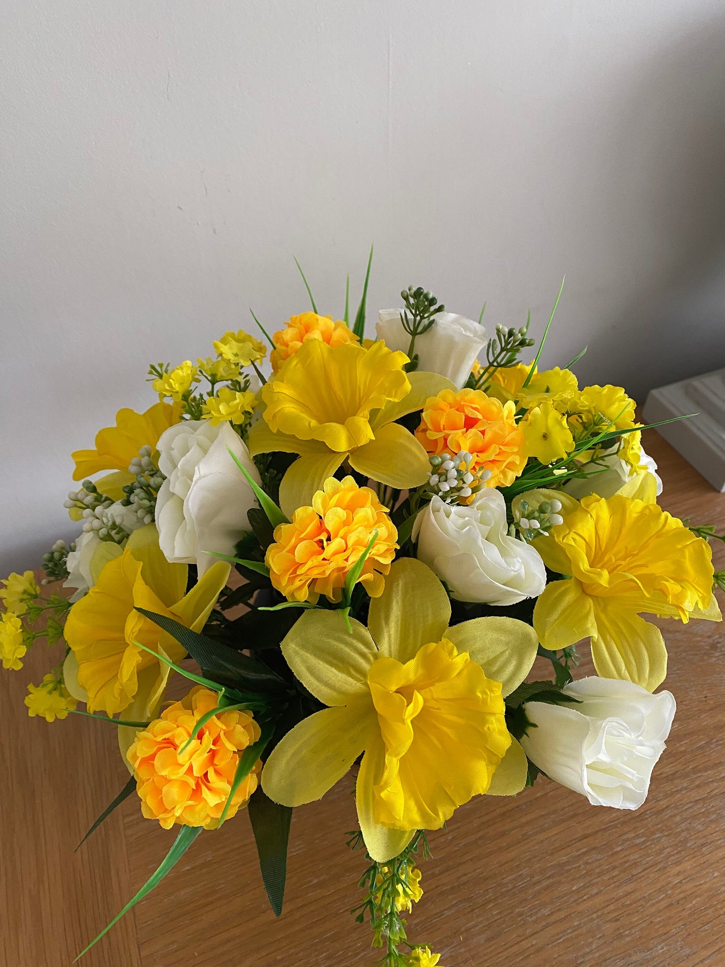 Artificial Flower Graveside Flower Arrangement Daffodils, Roses, Marigolds and Babies Breath