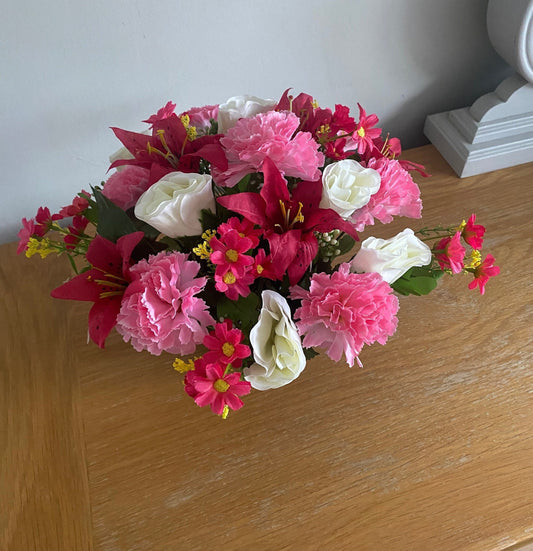 Pink Grave Flower Arrangement with Crem Pot Handmade to Order Carnations Lilies Daisies Free Postage