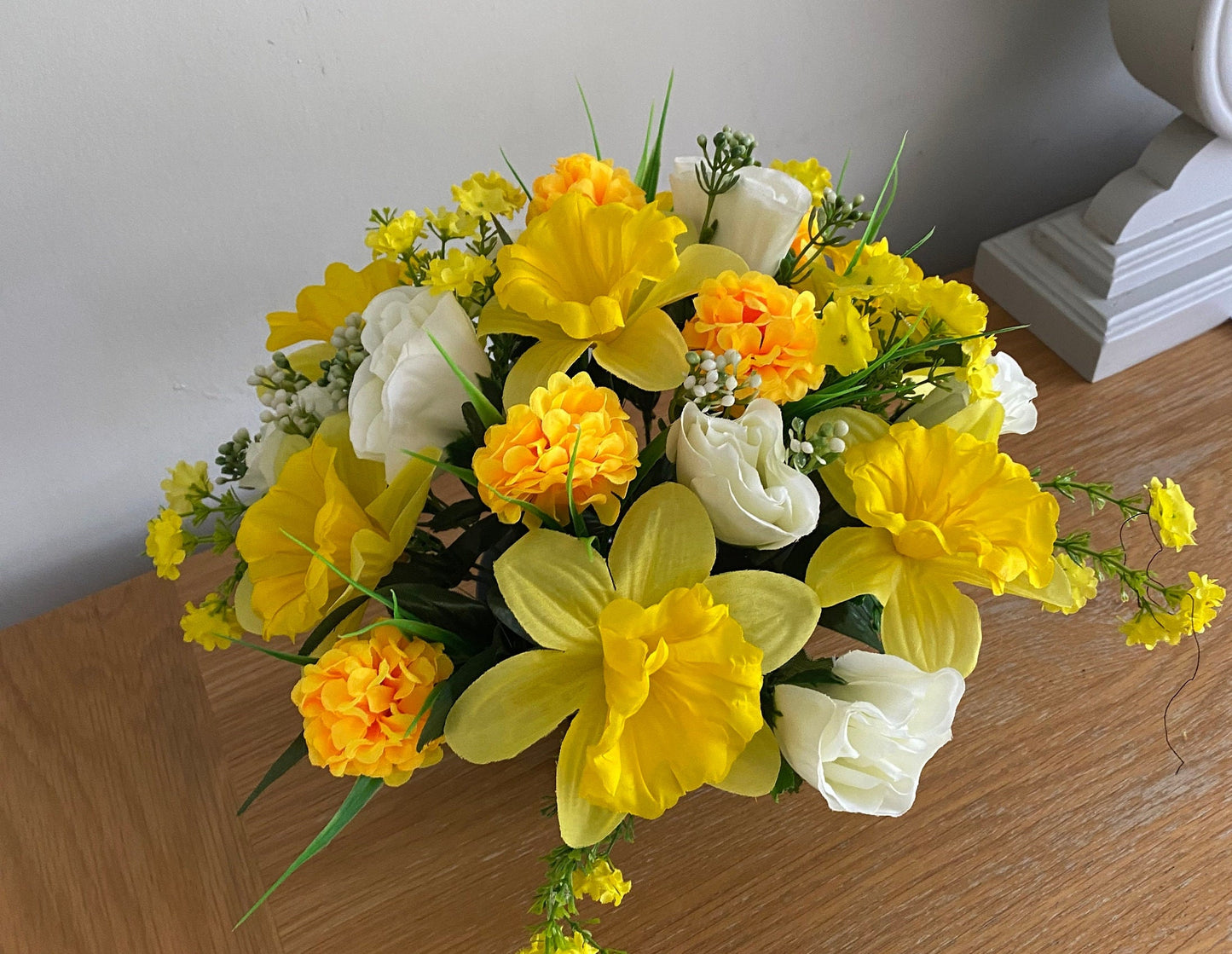 Artificial Flower Graveside Flower Arrangement Daffodils, Roses, Marigolds and Babies Breath