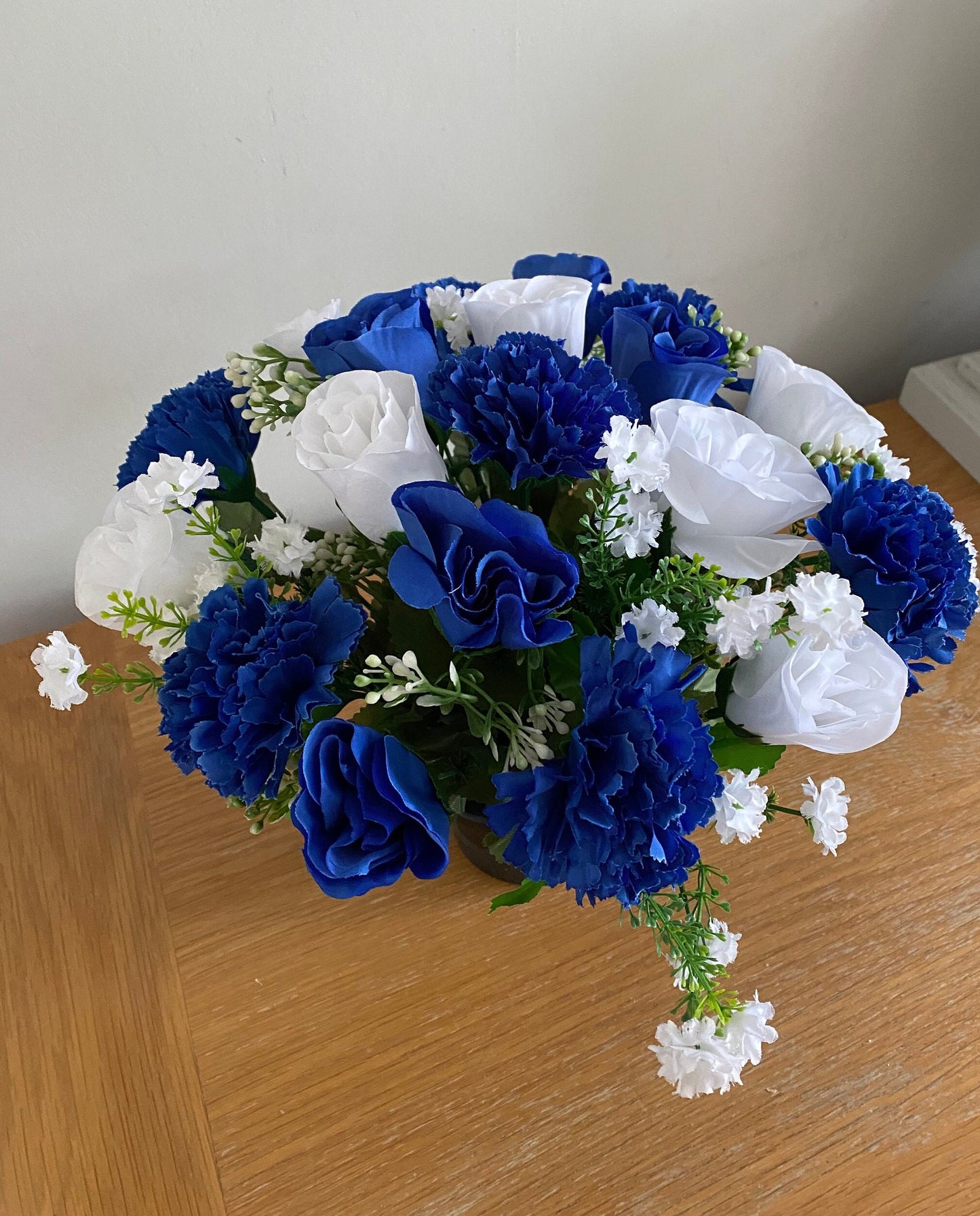 Artificial Flower Graveside Arrangement Blue and White Carnations, Roses and Babies Breath