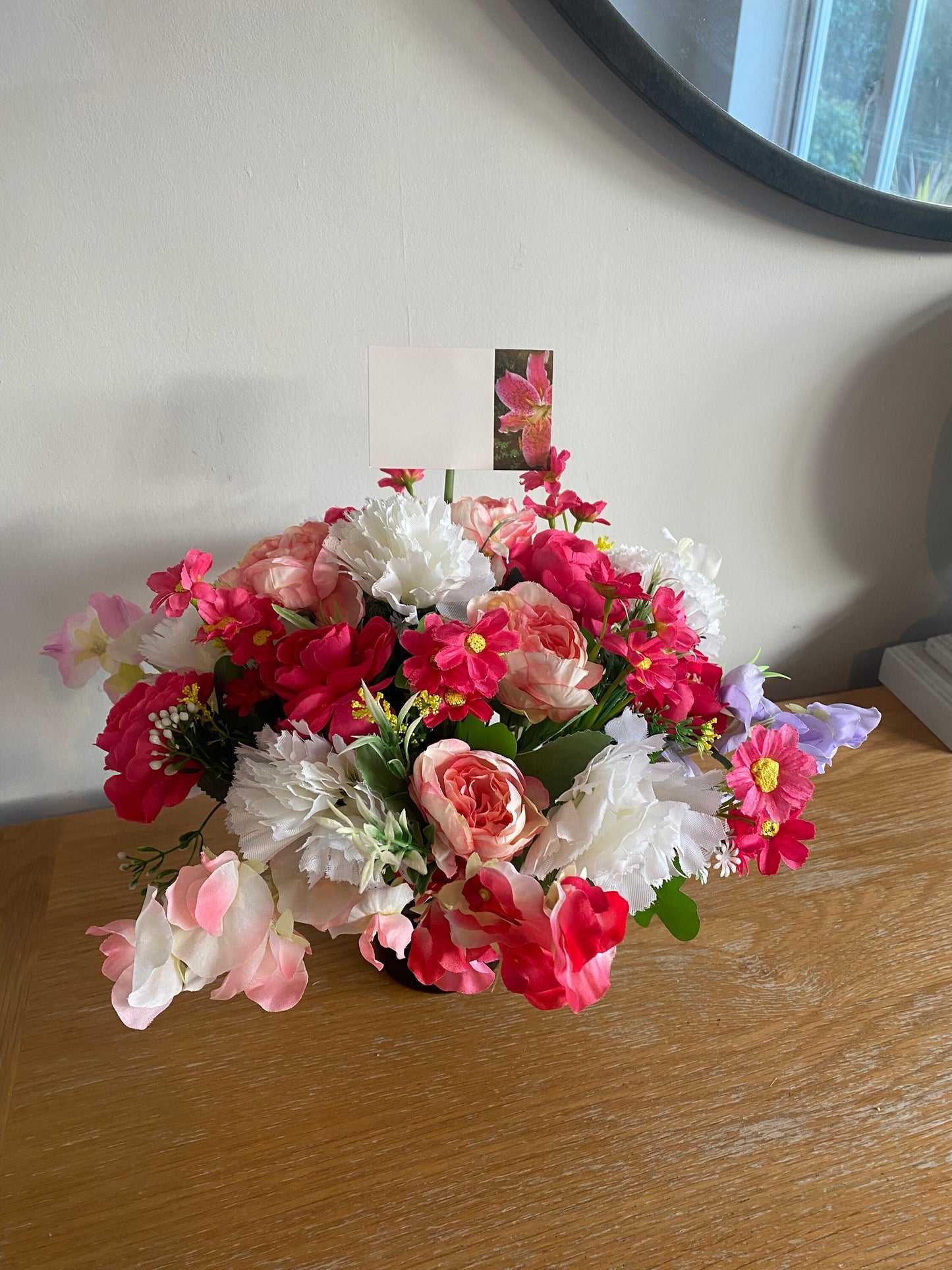 Artificial Grave Flower Arrangement with Peonies, Carnations and Sweet Peas