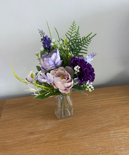 Glass Mini Milk Bottle with Peonies Carnations Gyp and Fern faux Silk Flower Arrangement Home Decor Gift Free Postage