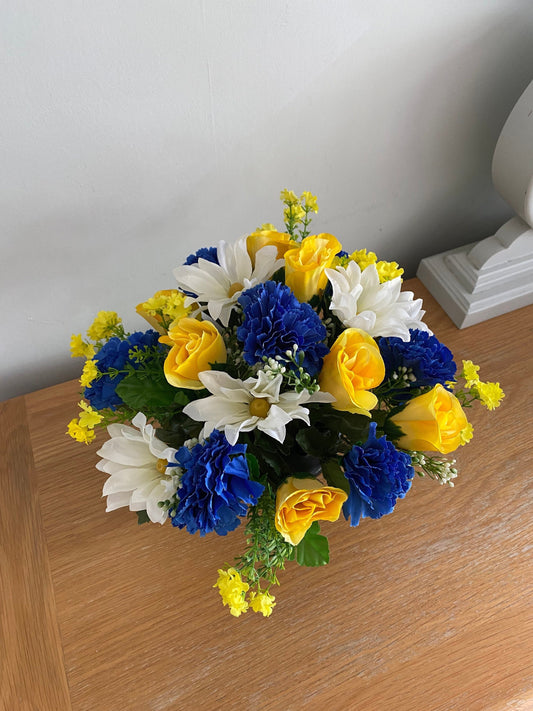 Artificial Silk Graveside Flower Arrangement In Blue and White Lovingly Handmade To Order Carnations Roses Chrysants Free Postage