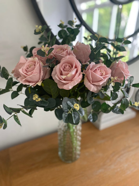 Luxury Faux Silk Soft Pink Rose & Eucalyptus Flower Arrangement in a Glass Vase Anniversary Gift Wedding Soft Touch FREE POSTAGE