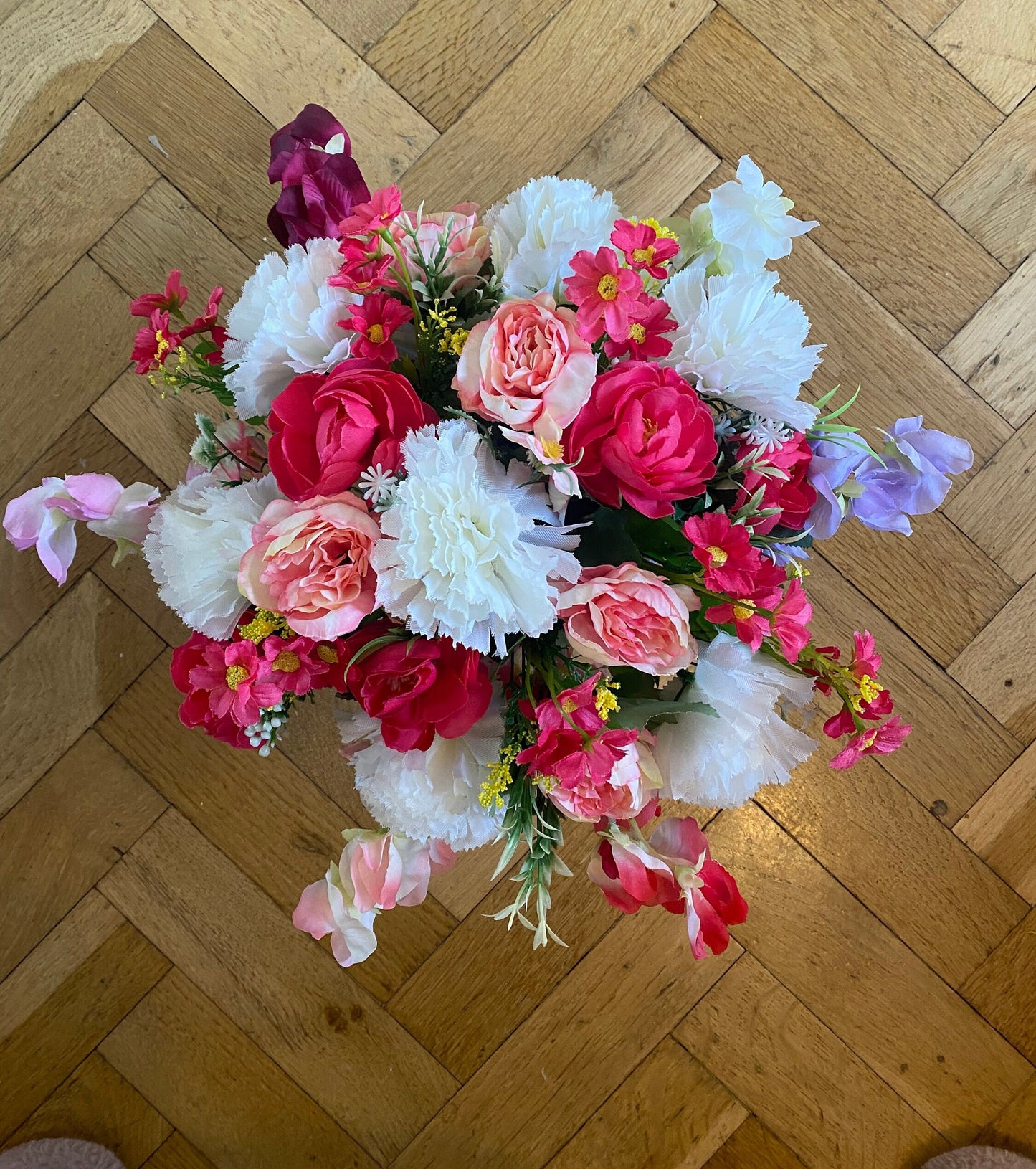Artificial Grave Flower Arrangement with Peonies, Carnations and Sweet Peas