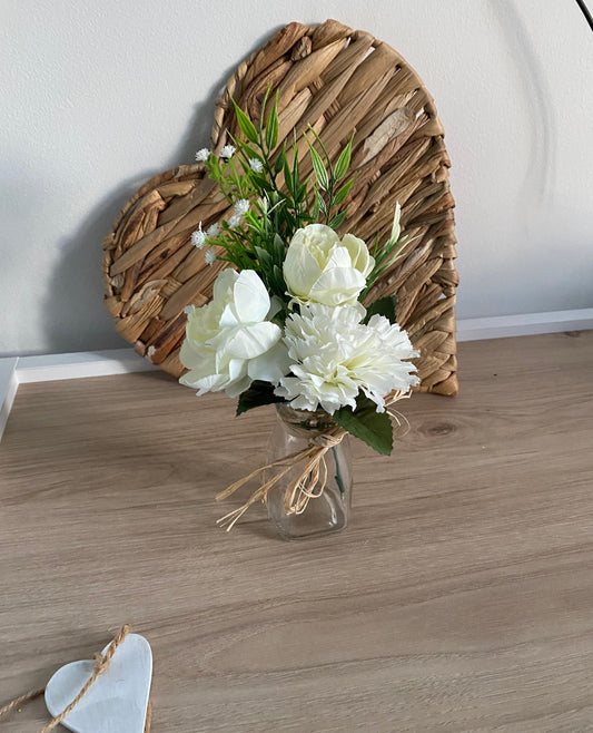 Glass Mini Milk Bottle with Peonies Carnations Gyp and Fern faux Silk Flower Arrangement Home Decor Gift Free Postage