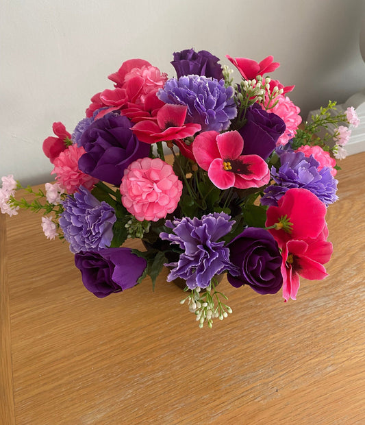 Artificial flower Graveside Arrangement Pink and Lilac Carnations Roses & Daisies