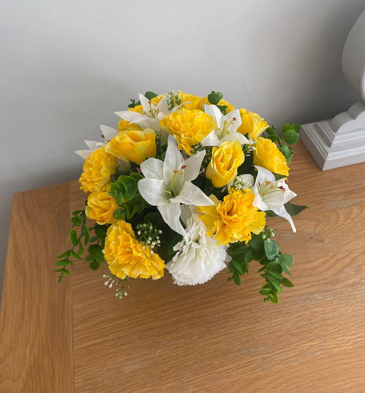 Artificial Silk Flower Grave Pot Arrangement Yellow Flowers Carnations Roses Lilies and Greenery Handmade FREE POSTAGE
