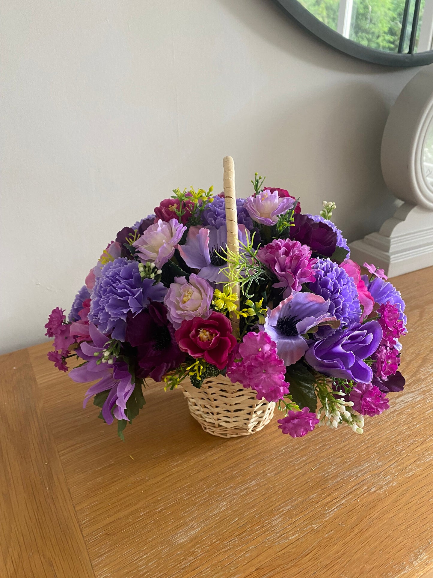 Artificial Flower Country Basket Flower Arrangement in shades of Purples and Lilacs