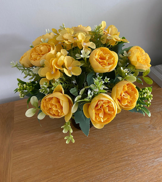 Luxury Grave pot with flowers. Artificial Flowers for grave side cemetery, memorial TributeYellow Peonies Hydrangeas and Greenery Free Post