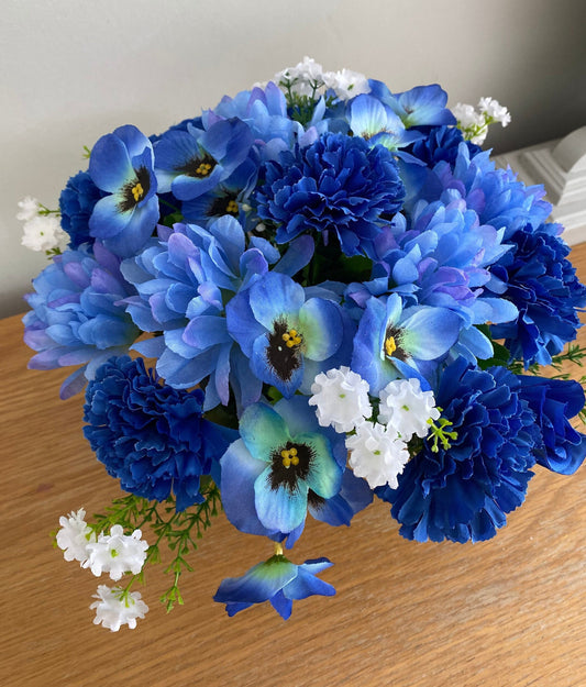 Faux Silk Grave Flower Arrangement Display Handnmade Blue Flowers Carnations Pansies Dahlia and Babies Breath  Free Postage