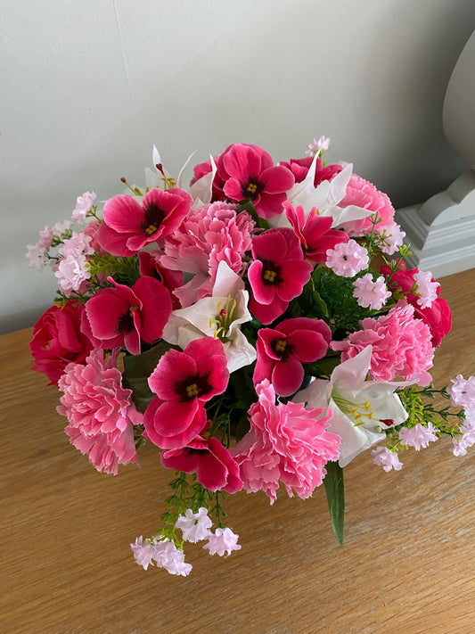 Pink Silk Flower Graveside Memorial Flower Arrangement Lilies Carnations Pansies and Babies Breath Flower Arrangement Everlasting Flowers