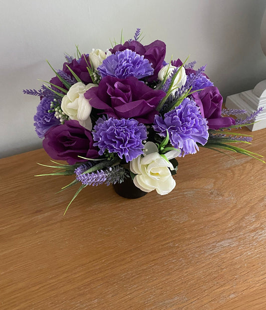 Artificial Silk Graveside Flower Arrangement in Purples and Lilacs Carnation Rose Camelia and Lavender Mix Handmade to Order free Postage