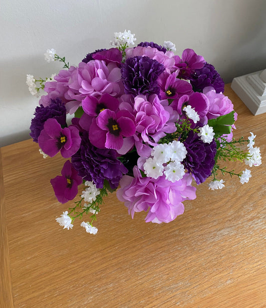 Silk flower graveside memorial tribute flower arrangement Evetlasting flowers carnations pansies dahlias  babies breath
