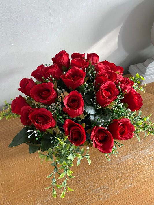 Artificial Flower Graveside Arrangement Red Roses and Gyp