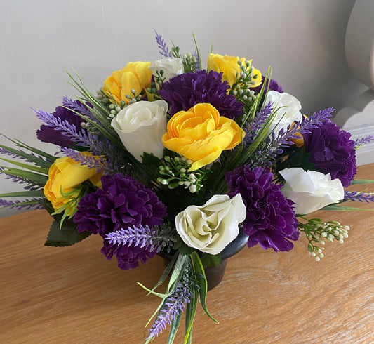 Artificial Silk Graveside Flower Arrangement Complete with Pot Carnations, Chrysanthamums and Daisys Lovingly Handmade to Order Free Postage