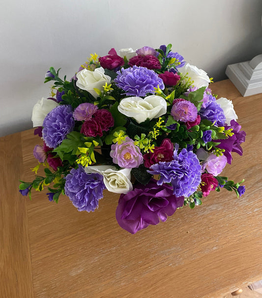 Large Artificial Flower Grave Pot Arrangement in shades of Purple Lilac and Cream